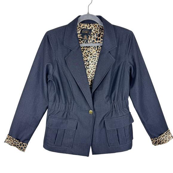 IMAN Black Leopard Print Single Breasted Button Front Lined Blazer Pockets Sz M - Picture 1 of 6